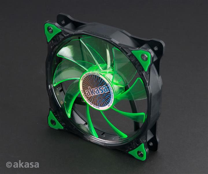 Akasa 12cm Vegas 15 Green LED fan with anti-vibe dampening pads sleeve bearing