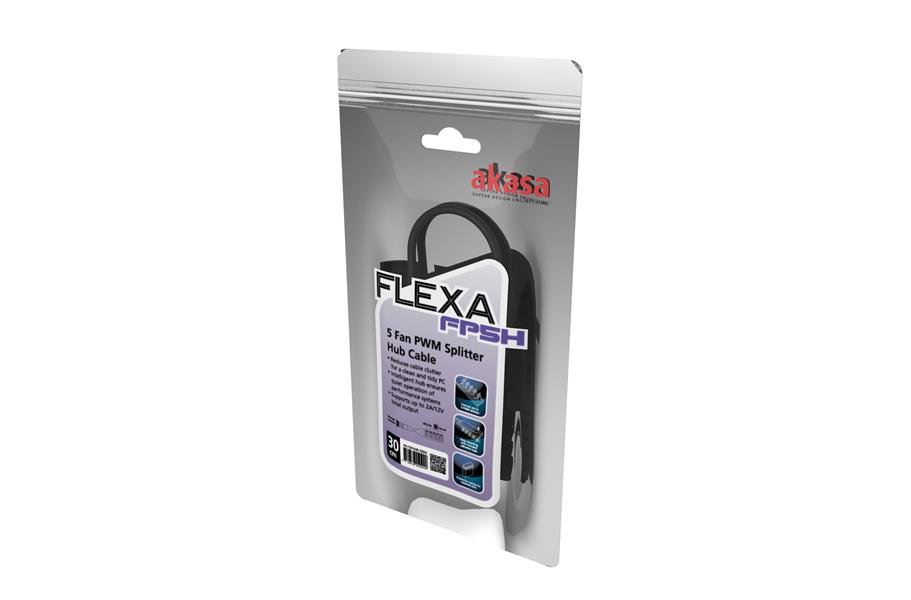 Akasa FLEXA FP5H 5 Fan PWM Splitter Hub Cable expands a single motherboardAEs PWM fan header into 5 PWM headers