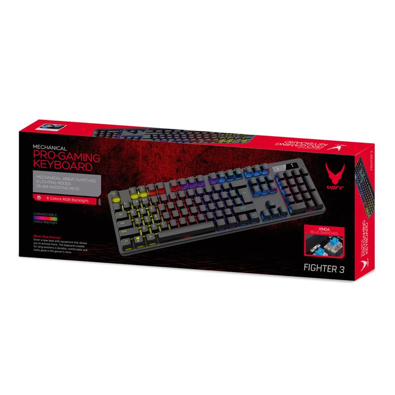 VARR Fighter 3 Gaming RGB Black mechanical multimedia keyboard met Xinda Blue Switch - 26 keys anti-ghosting - 12 lighting modes 6 LED colors