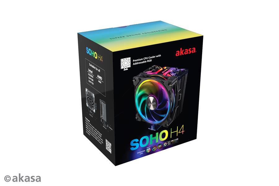 Akasa SOHO H4 Premium CPU cooler 4 Heatpipes aRGB fan Black fins Intel 115X 1200 2011 2066 AMD AM4
