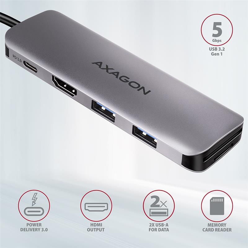 AXAGON 2x USB-A HDMI SD microSD USB 3 2 Gen 1 hub PD 100W 20cm USB-C cable *USBCM *USBCF *HDMIF *USBAF *SDF *MSDF