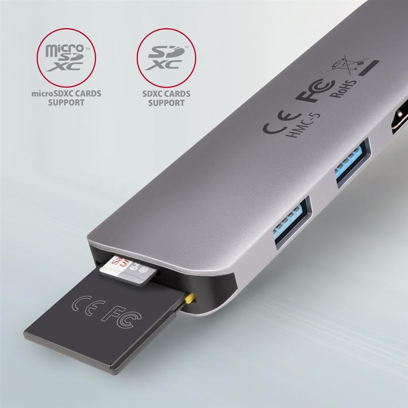 AXAGON 2x USB-A HDMI SD microSD USB 3 2 Gen 1 hub PD 100W 20cm USB-C cable *USBCM *USBCF *HDMIF *USBAF *SDF *MSDF