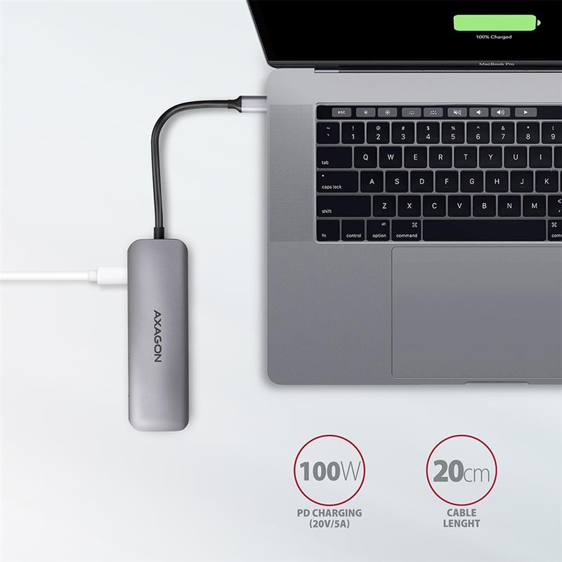 AXAGON 2x USB-A HDMI SD microSD USB 3 2 Gen 1 hub PD 100W 20cm USB-C cable *USBCM *USBCF *HDMIF *USBAF *SDF *MSDF