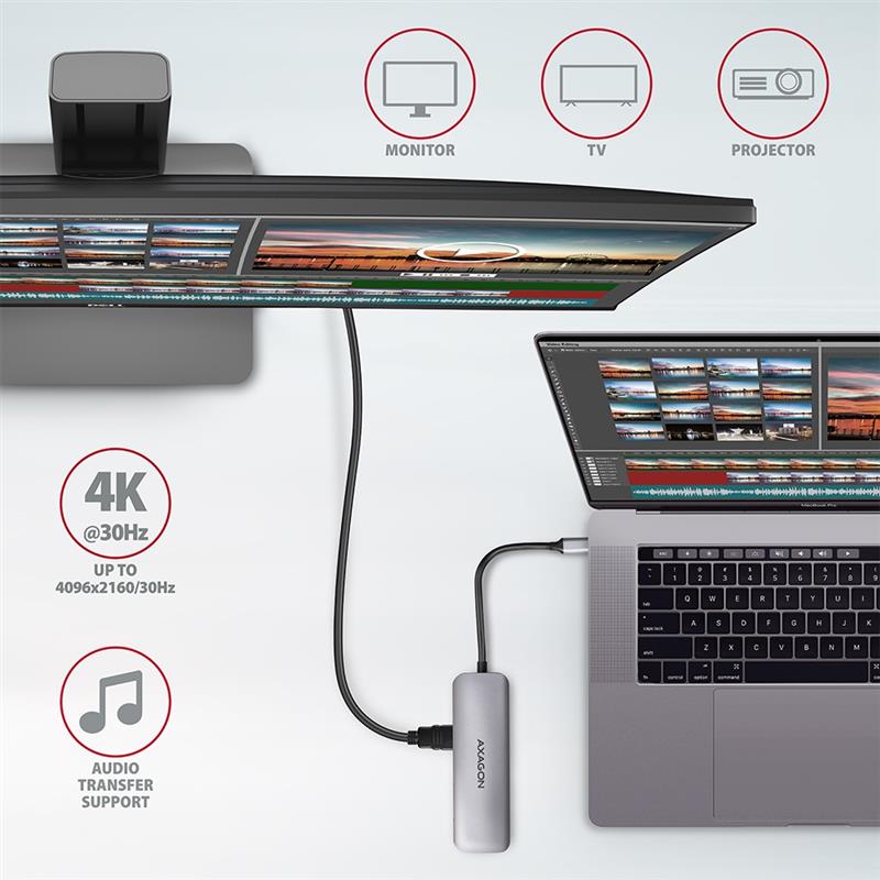 AXAGON 2x USB-A HDMI SD microSD USB 3 2 Gen 1 hub PD 100W 20cm USB-C cable *USBCM *USBCF *HDMIF *USBAF *SDF *MSDF