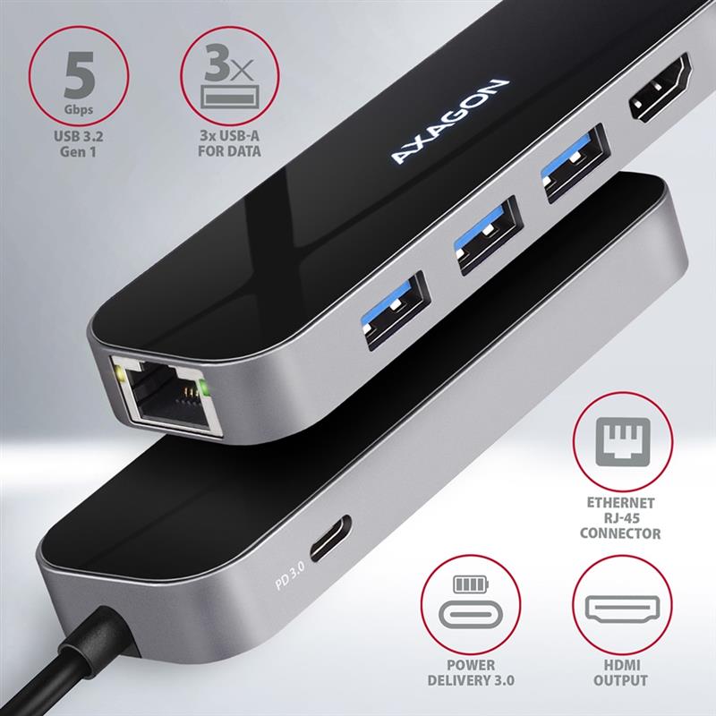AXAGON 3x USB-A HDMI RJ-45 USB 3 2 Gen 1 hub PD 100W 20cm USB-C cable