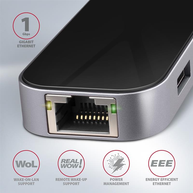 AXAGON 3x USB-A HDMI RJ-45 USB 3 2 Gen 1 hub PD 100W 20cm USB-C cable *USBCM *USBCF *HDMIF *USBAF *RJ45F