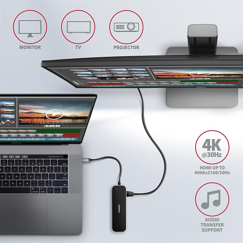 AXAGON 3x USB-A HDMI RJ-45 USB 3 2 Gen 1 hub PD 100W 20cm USB-C cable *USBCM *USBCF *HDMIF *USBAF *RJ45F