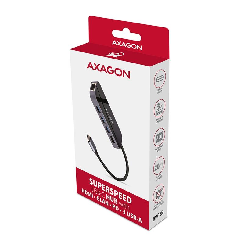 AXAGON 3x USB-A HDMI RJ-45 USB 3 2 Gen 1 hub PD 100W 20cm USB-C cable *USBCM *USBCF *HDMIF *USBAF *RJ45F