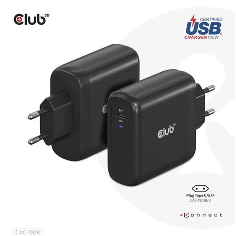 CLUB3D Travel Charger 100 Watt GAN technology, USB-IF TID certified, Single port USB Type-C, Power Delivery(PD) 3.0 Support