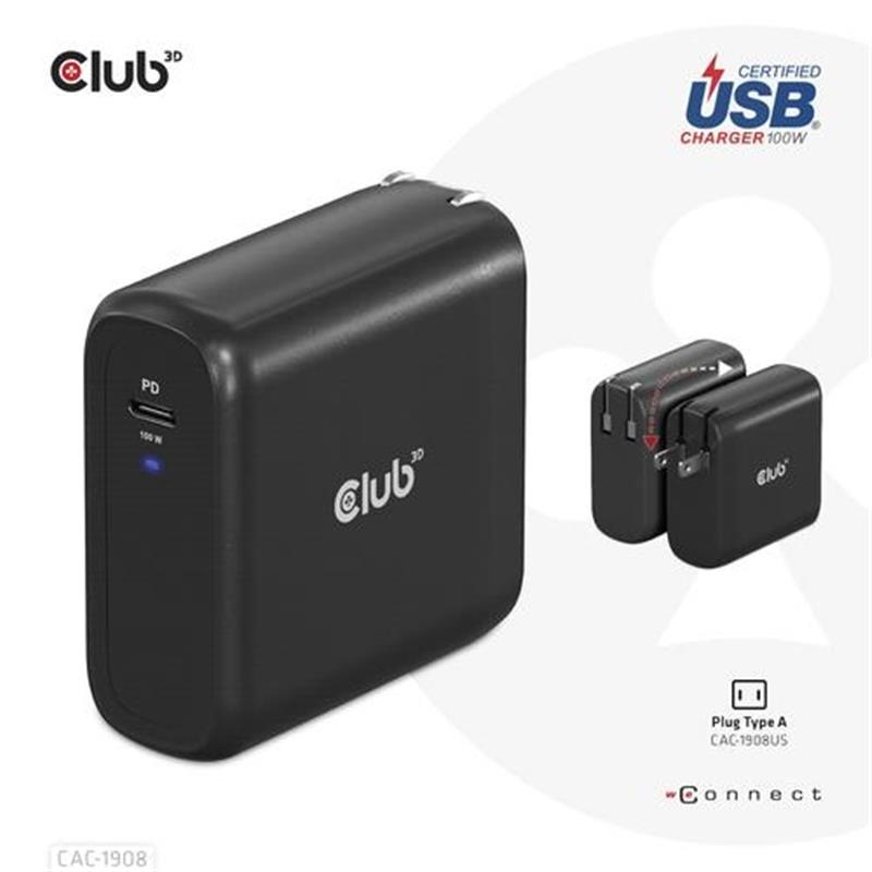 CLUB3D Travel Charger 100 Watt GAN technology, USB-IF TID certified, Single port USB Type-C, Power Delivery(PD) 3.0 Support