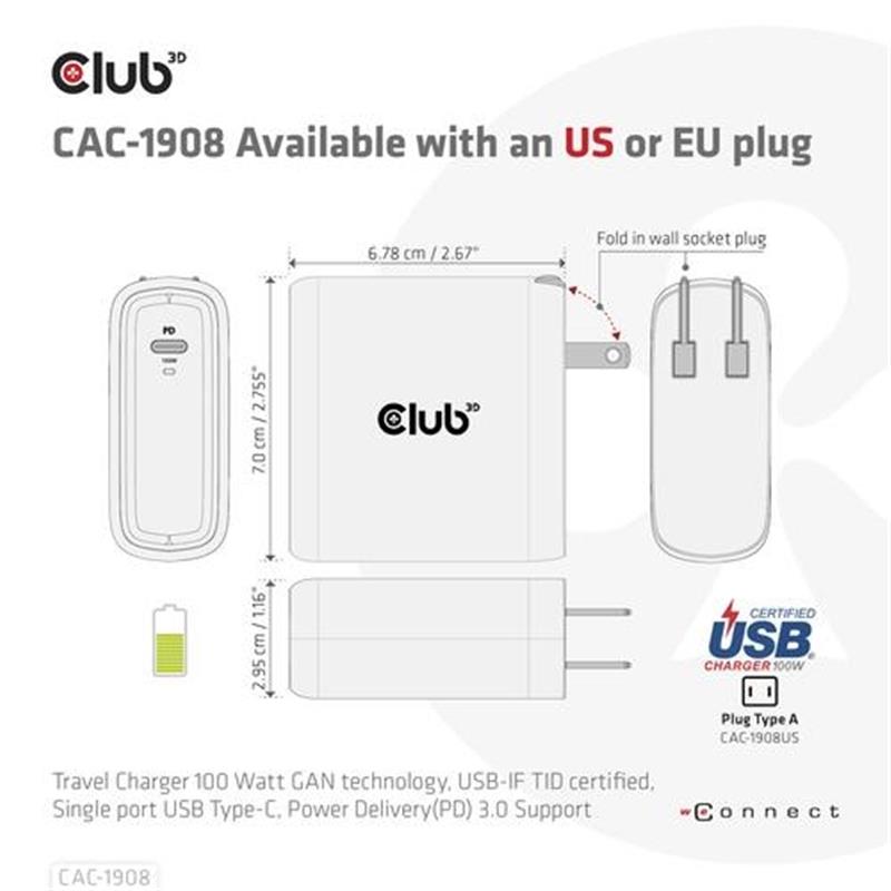 CLUB3D Travel Charger 100 Watt GAN technology, USB-IF TID certified, Single port USB Type-C, Power Delivery(PD) 3.0 Support