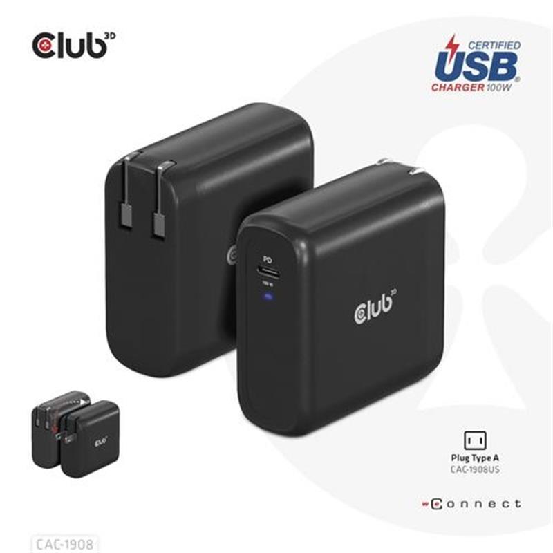 CLUB3D Travel Charger 100 Watt GAN technology, USB-IF TID certified, Single port USB Type-C, Power Delivery(PD) 3.0 Support