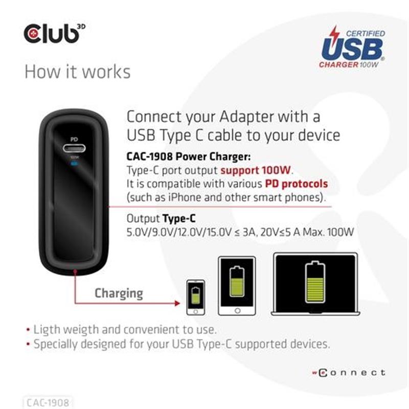 CLUB3D Travel Charger 100 Watt GAN technology, USB-IF TID certified, Single port USB Type-C, Power Delivery(PD) 3.0 Support