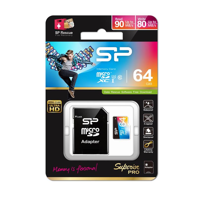 Silicon Power 64GB Superior PRO MicroSDXC Class10 UHS-1 U3 R90/W80Mb/s incl. SD-adapter Zwart