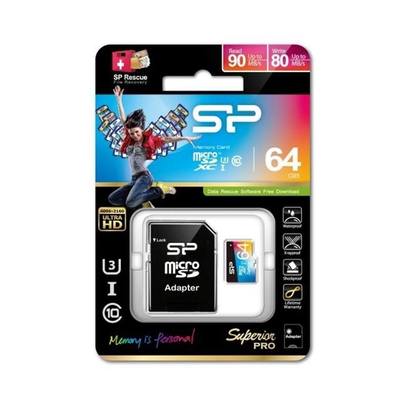 Silicon Power 64GB Superior PRO MicroSDXC Class10 UHS-1 U3 R90/W80Mb/s incl. SD-adapter Zwart