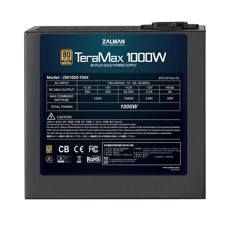 Zalman ZM1000-TMX TerraMax 80 PLUS GOLD PSU 100W/Full-modular 99.9% Active PFC/Single power supply unit 1000 W Zwart